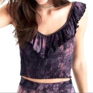 AEO - Soft & Sexy Ruched Ruffle Crop Top - Acid Purple Tie Dye - XS